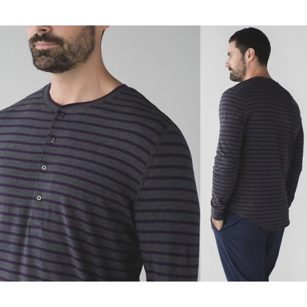 Lululemon Men's Long Sleeve Henley L T-Shirt Gray Purple Striped Active Top
